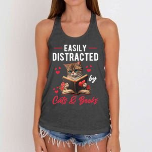 Easily Distracted by Cats and Books Cat & Book Lover Funny Women's Knotted Racerback Tank