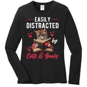 Easily Distracted by Cats and Books Cat & Book Lover Funny Ladies Long Sleeve Shirt