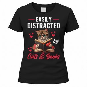 Easily Distracted by Cats and Books Cat & Book Lover Funny Women's T-Shirt