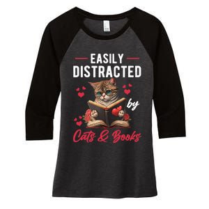 Easily Distracted by Cats and Books Cat & Book Lover Funny Women's Tri-Blend 3/4-Sleeve Raglan Shirt