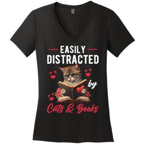 Easily Distracted by Cats and Books Cat & Book Lover Funny Women's V-Neck T-Shirt