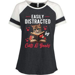 Easily Distracted by Cats and Books Cat & Book Lover Funny Enza Ladies Jersey Colorblock Tee