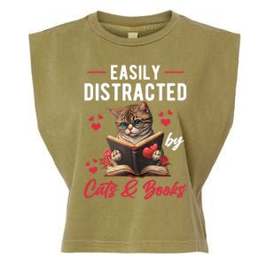 Easily Distracted by Cats and Books Cat & Book Lover Funny Garment-Dyed Women's Muscle Tee