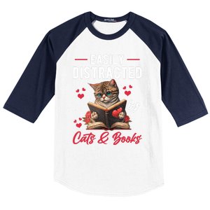 Easily Distracted by Cats and Books Cat & Book Lover Funny Baseball Sleeve Shirt