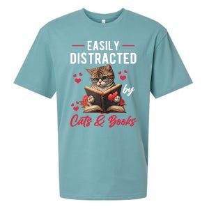 Easily Distracted by Cats and Books Cat & Book Lover Funny Sueded Cloud Jersey T-Shirt