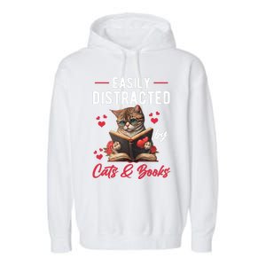 Easily Distracted by Cats and Books Cat & Book Lover Funny Garment-Dyed Fleece Hoodie