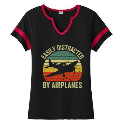 Easily Distracted By Airplanes Lover Pilot Funny Aviation Ladies Halftime Notch Neck Tee