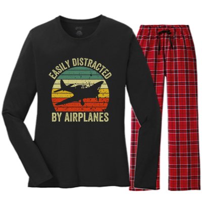 Easily Distracted By Airplanes Lover Pilot Funny Aviation Women's Long Sleeve Flannel Pajama Set 