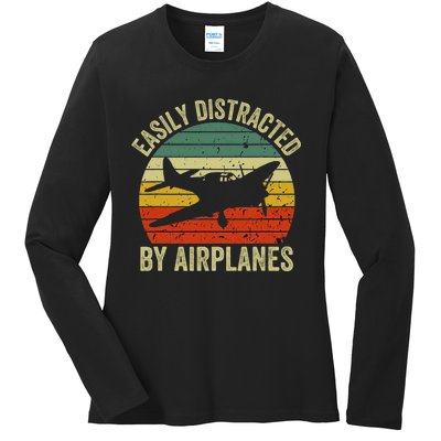 Easily Distracted By Airplanes Lover Pilot Funny Aviation Ladies Long Sleeve Shirt