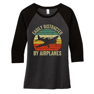 Easily Distracted By Airplanes Lover Pilot Funny Aviation Women's Tri-Blend 3/4-Sleeve Raglan Shirt