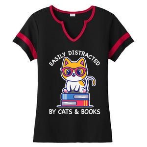 Easily Distracted By Cats And Books Cat & Book Lover Gift Ladies Halftime Notch Neck Tee