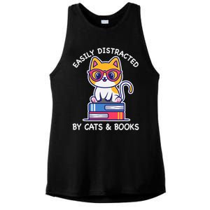 Easily Distracted By Cats And Books Cat & Book Lover Gift Ladies PosiCharge Tri-Blend Wicking Tank