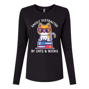 Easily Distracted By Cats And Books Cat & Book Lover Gift Womens Cotton Relaxed Long Sleeve T-Shirt