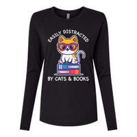 Easily Distracted By Cats And Books Cat & Book Lover Gift Womens Cotton Relaxed Long Sleeve T-Shirt