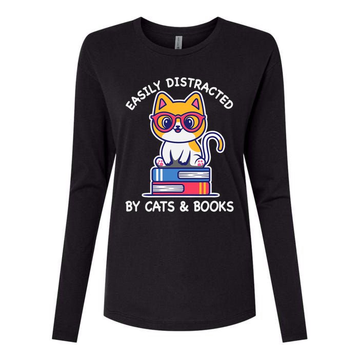 Easily Distracted By Cats And Books Cat & Book Lover Gift Womens Cotton Relaxed Long Sleeve T-Shirt