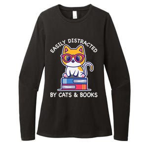 Easily Distracted By Cats And Books Cat & Book Lover Gift Womens CVC Long Sleeve Shirt