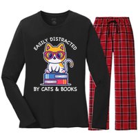 Easily Distracted By Cats And Books Cat & Book Lover Gift Women's Long Sleeve Flannel Pajama Set 