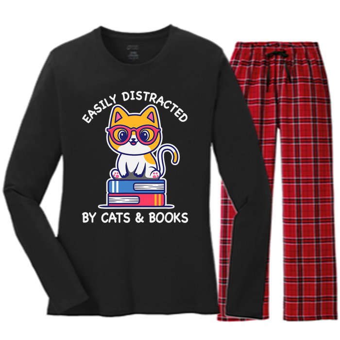 Easily Distracted By Cats And Books Cat & Book Lover Gift Women's Long Sleeve Flannel Pajama Set 