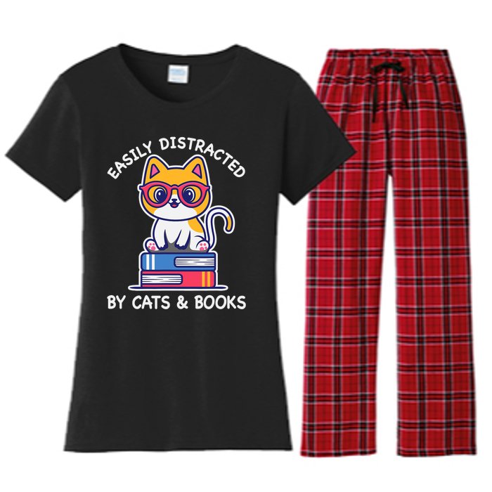 Easily Distracted By Cats And Books Cat & Book Lover Gift Women's Flannel Pajama Set