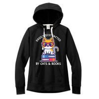 Easily Distracted By Cats And Books Cat & Book Lover Gift Women's Fleece Hoodie