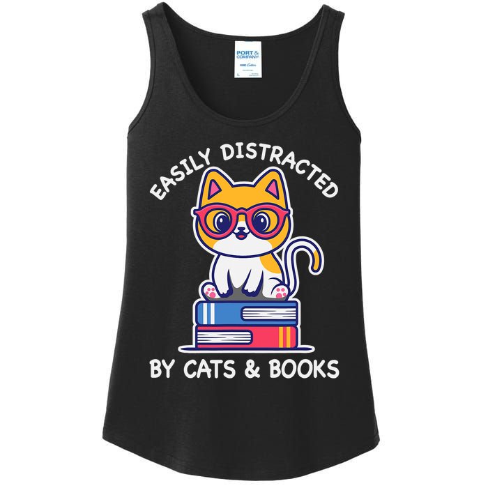 Easily Distracted By Cats And Books Cat & Book Lover Gift Ladies Essential Tank