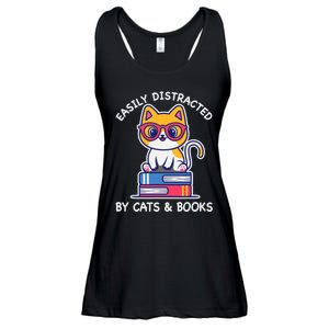 Easily Distracted By Cats And Books Cat & Book Lover Gift Ladies Essential Flowy Tank