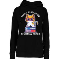 Easily Distracted By Cats And Books Cat & Book Lover Gift Womens Funnel Neck Pullover Hood