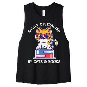 Easily Distracted By Cats And Books Cat & Book Lover Gift Women's Racerback Cropped Tank