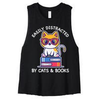 Easily Distracted By Cats And Books Cat & Book Lover Gift Women's Racerback Cropped Tank