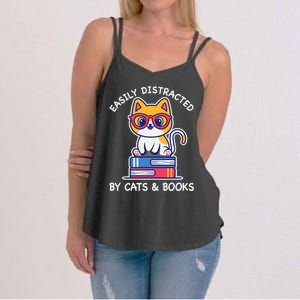 Easily Distracted By Cats And Books Cat & Book Lover Gift Women's Strappy Tank