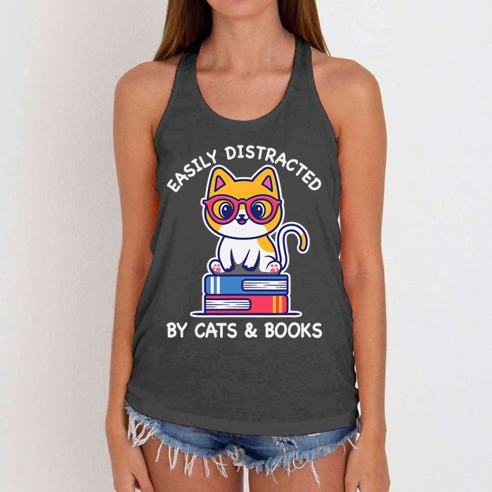 Easily Distracted By Cats And Books Cat & Book Lover Gift Women's Knotted Racerback Tank