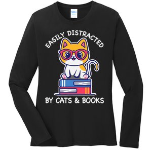 Easily Distracted By Cats And Books Cat & Book Lover Gift Ladies Long Sleeve Shirt