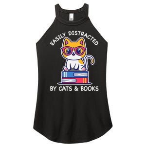 Easily Distracted By Cats And Books Cat & Book Lover Gift Women's Perfect Tri Rocker Tank