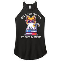 Easily Distracted By Cats And Books Cat & Book Lover Gift Women's Perfect Tri Rocker Tank