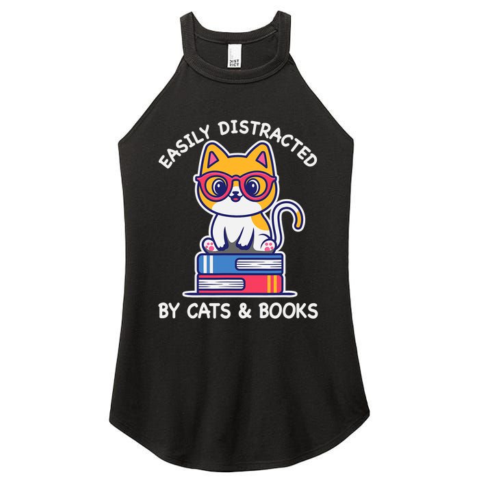 Easily Distracted By Cats And Books Cat & Book Lover Gift Women's Perfect Tri Rocker Tank