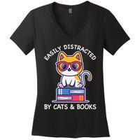 Easily Distracted By Cats And Books Cat & Book Lover Gift Women's V-Neck T-Shirt