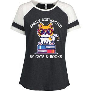 Easily Distracted By Cats And Books Cat & Book Lover Gift Enza Ladies Jersey Colorblock Tee