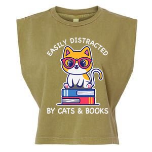 Easily Distracted By Cats And Books Cat & Book Lover Gift Garment-Dyed Women's Muscle Tee