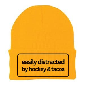 Easily Distracted By Hockey And Tacos Funny Hockey Players Knit Cap Winter Beanie