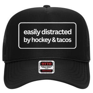 Easily Distracted By Hockey And Tacos Funny Hockey Players High Crown Mesh Back Trucker Hat