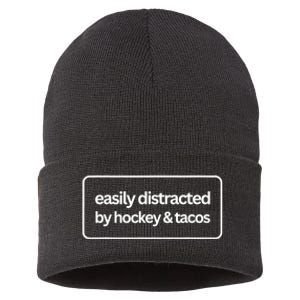 Easily Distracted By Hockey And Tacos Funny Hockey Players Sustainable Knit Beanie