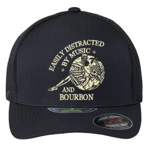 Easily Distracted By Music And Bourbon Skeleton Flexfit Unipanel Trucker Cap