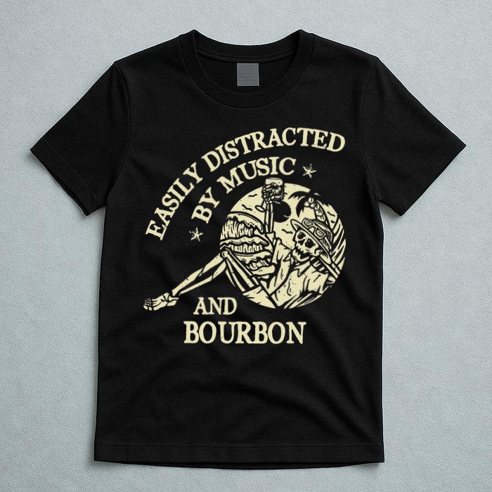 Easily Distracted By Music And Bourbon Skeleton T-Shirt