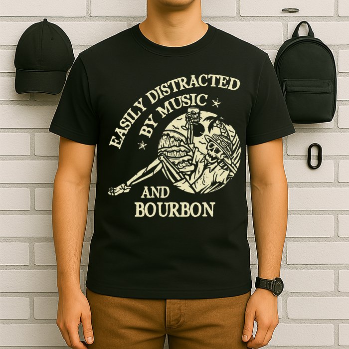 Easily Distracted By Music And Bourbon Skeleton T-Shirt