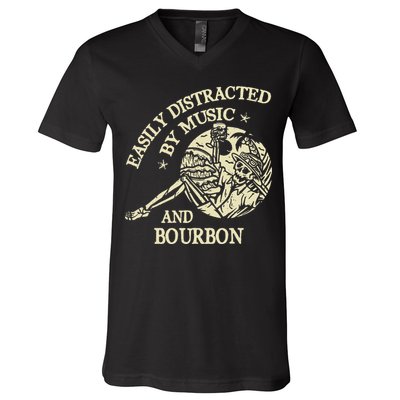 Easily Distracted By Music And Bourbon Skeleton V-Neck T-Shirt