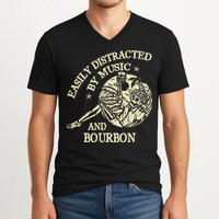 Easily Distracted By Music And Bourbon Skeleton V-Neck T-Shirt