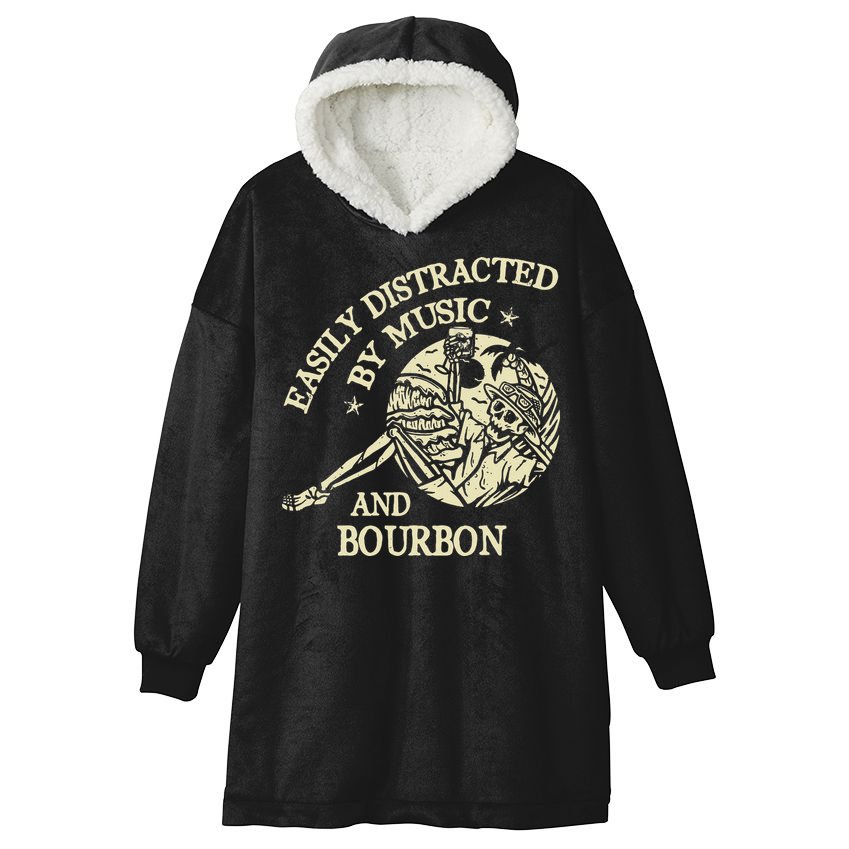 Easily Distracted By Music And Bourbon Skeleton Hooded Wearable Blanket