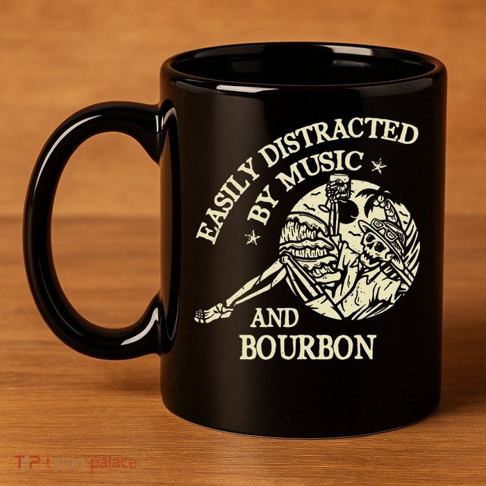 Easily Distracted By Music And Bourbon Skeleton 11oz C Handle Ceramic Mug