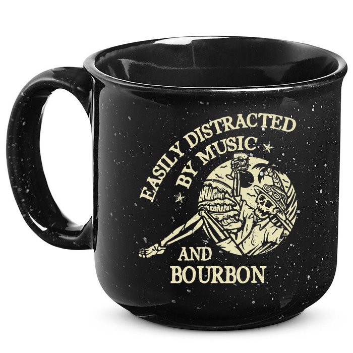 Easily Distracted By Music And Bourbon Skeleton 15oz Campfire Ceramic Mug