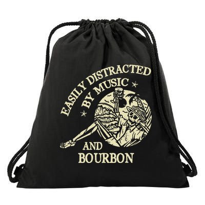 Easily Distracted By Music And Bourbon Skeleton Drawstring Bag